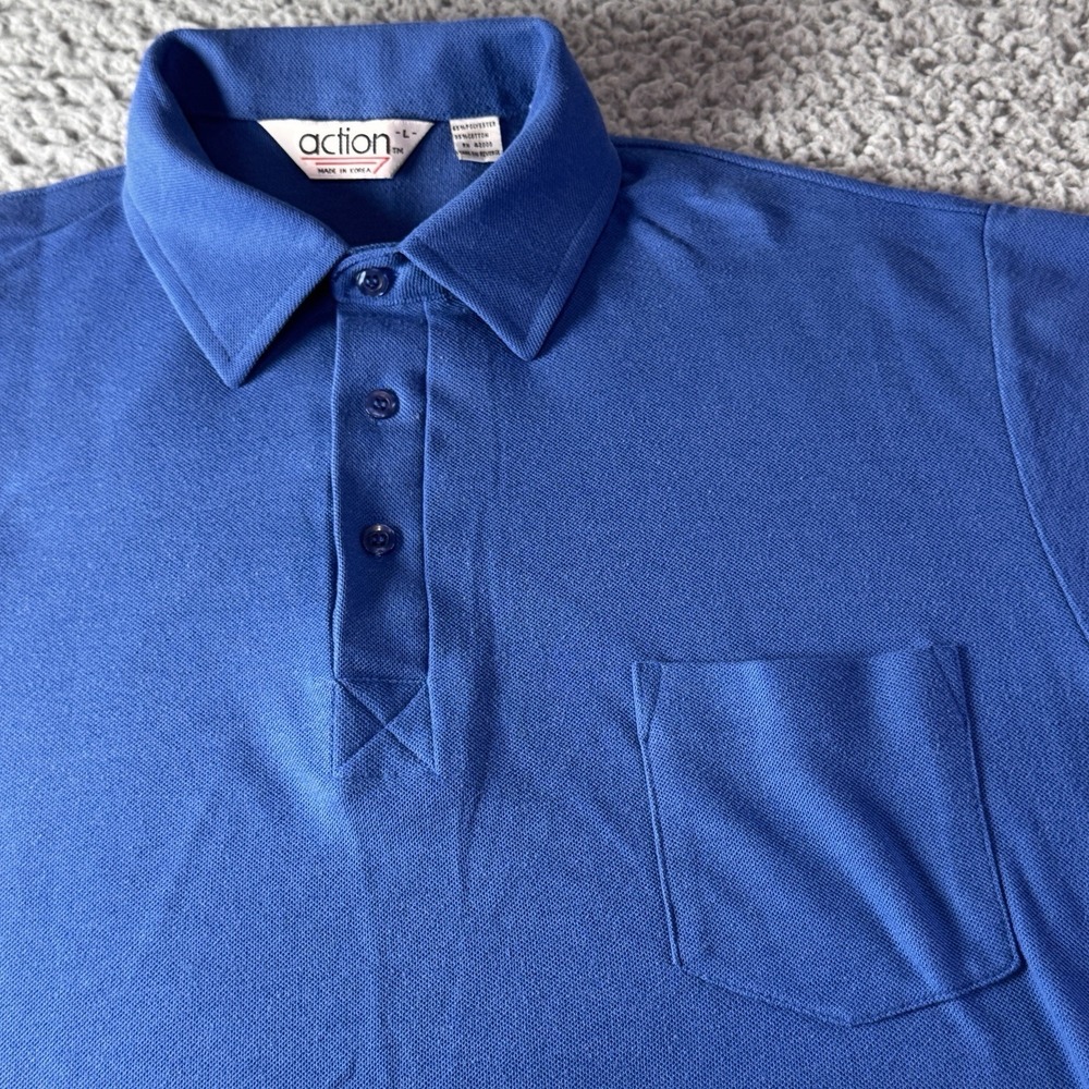 Vintage Action Men's Blue Short Sleeve Polo Shirt‎ With Pocket Size Large